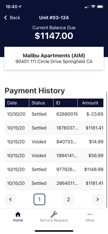 Original mobile payment history with truncated entries