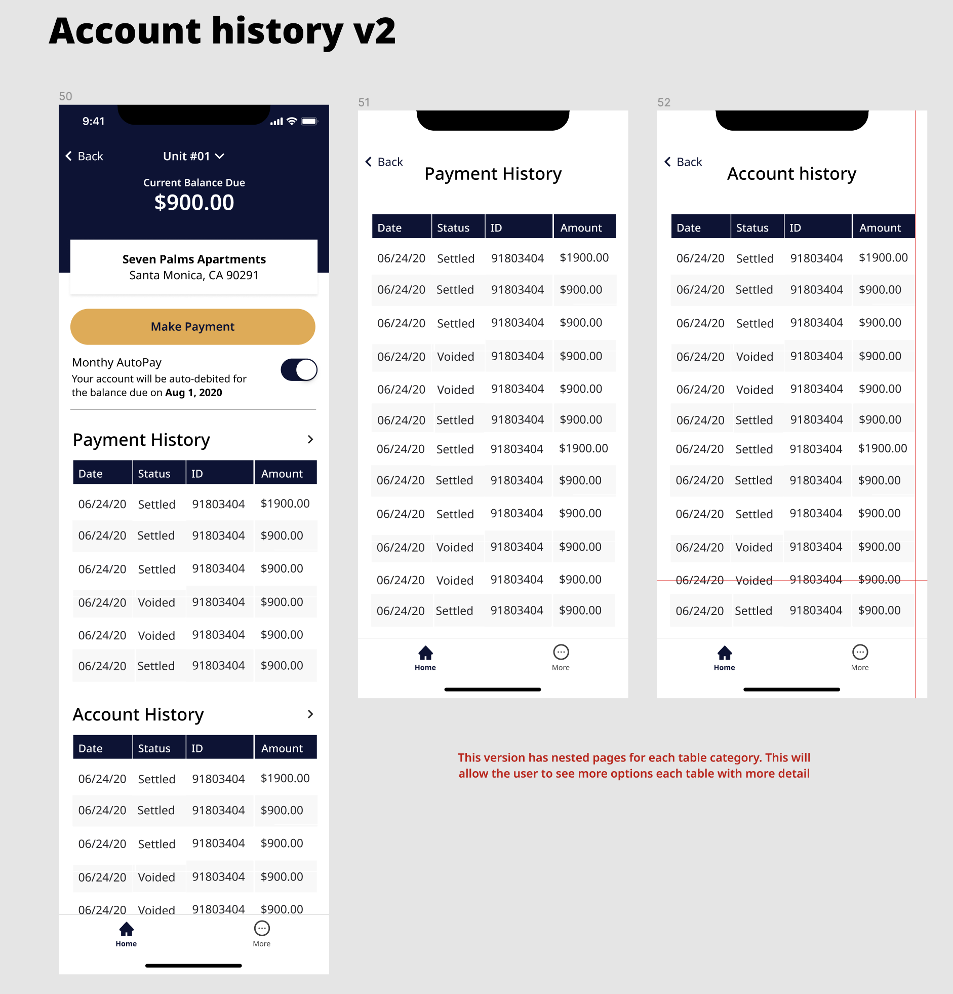 Early mobile account-history table explorations
