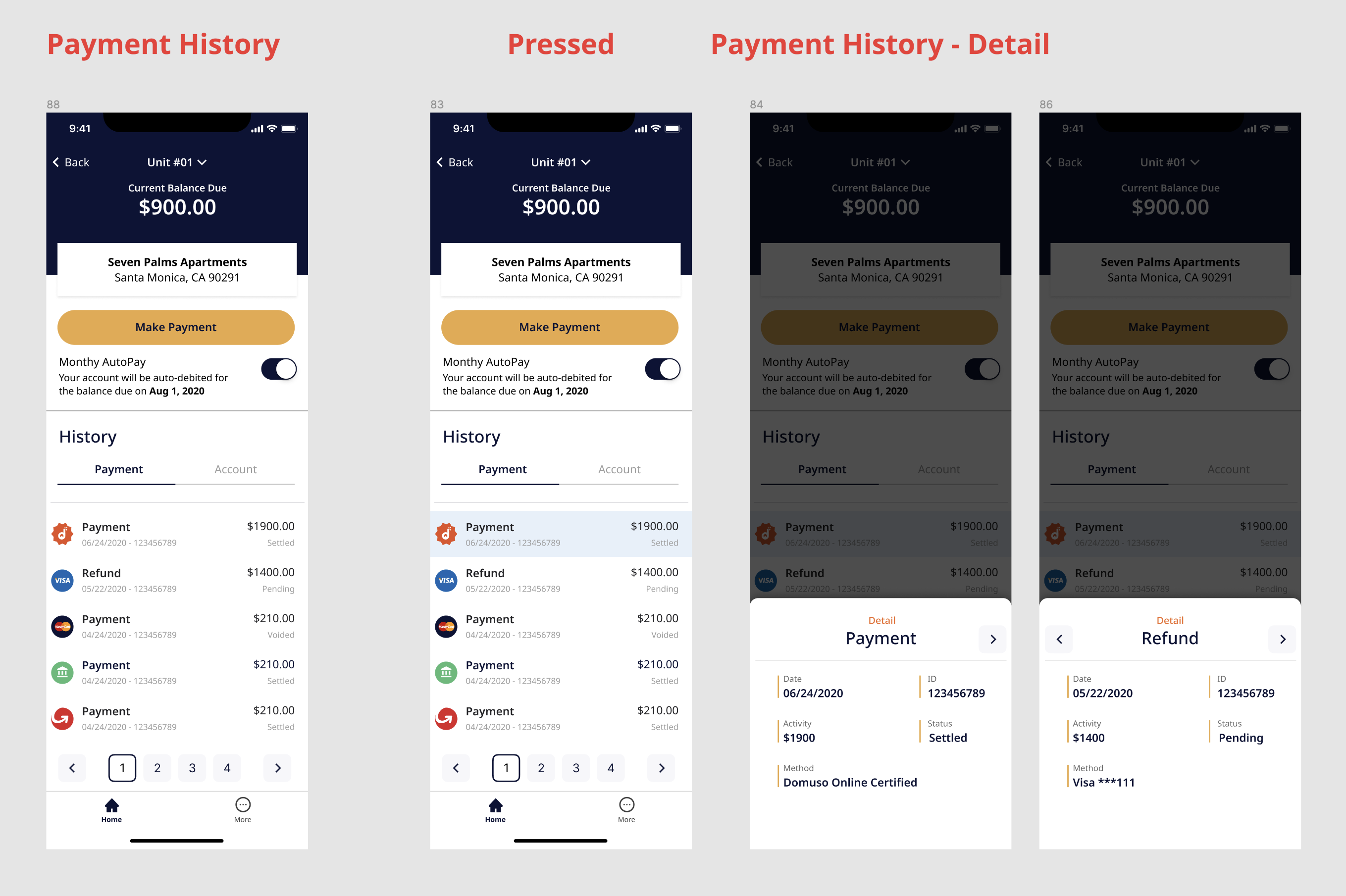 Stacked payment rows and transaction detail exploration