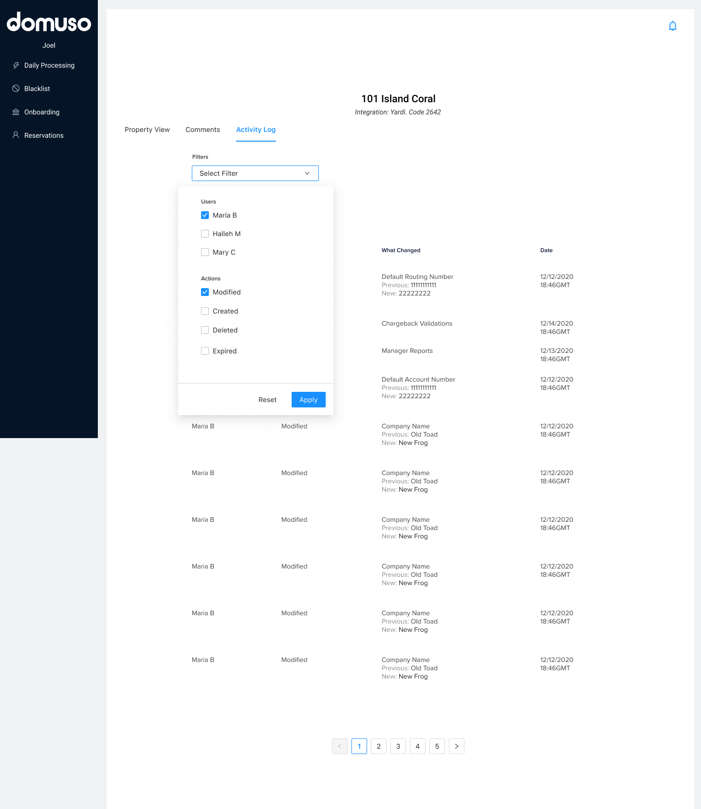 Activity log with person and action filters selected