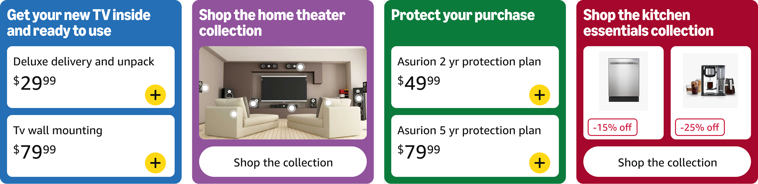 Detailed service cards for delivery and installation, home theater, protection and kitchen essentials