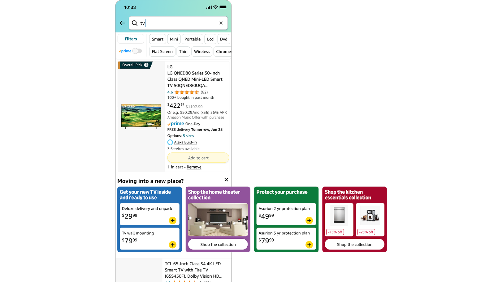 Colored service cards appearing below an Amazon search result after Add-to-Cart