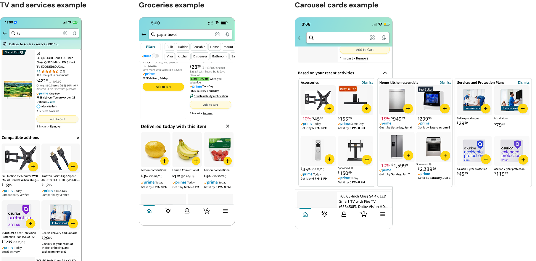 Expandable add-ons and carousel concepts across TV services and groceries