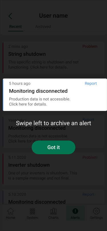 Animated mobile app walkthrough including alerts