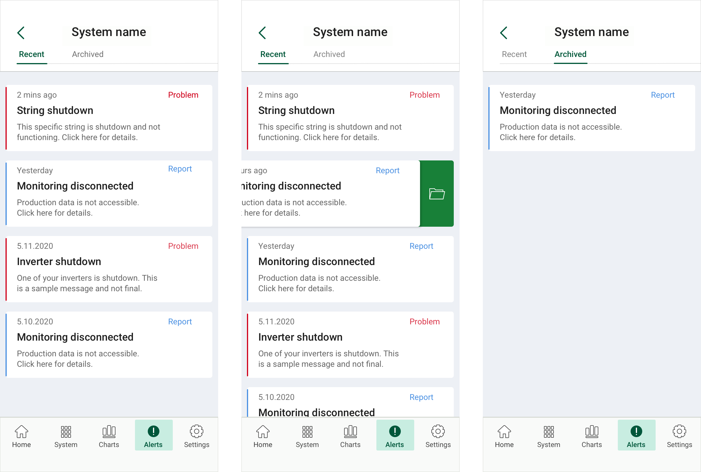 System alerts and swipe-to-archive interface